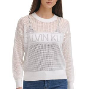 CALVIN‎ KLEIN Ribbed Mesh Logo Graphic Long Sleeve Crew Neck Top | Size M